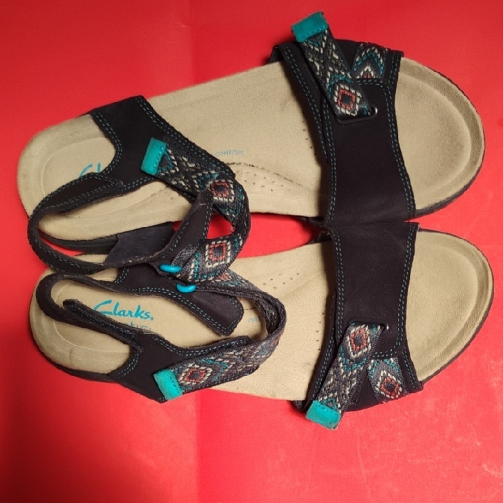 Clarks Black and Teal Patterned Sandals